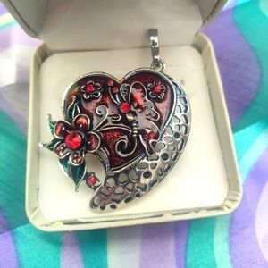 Enamel and Embellished Silvertone Statement Pendant New Sz approx 2.85"x 3"